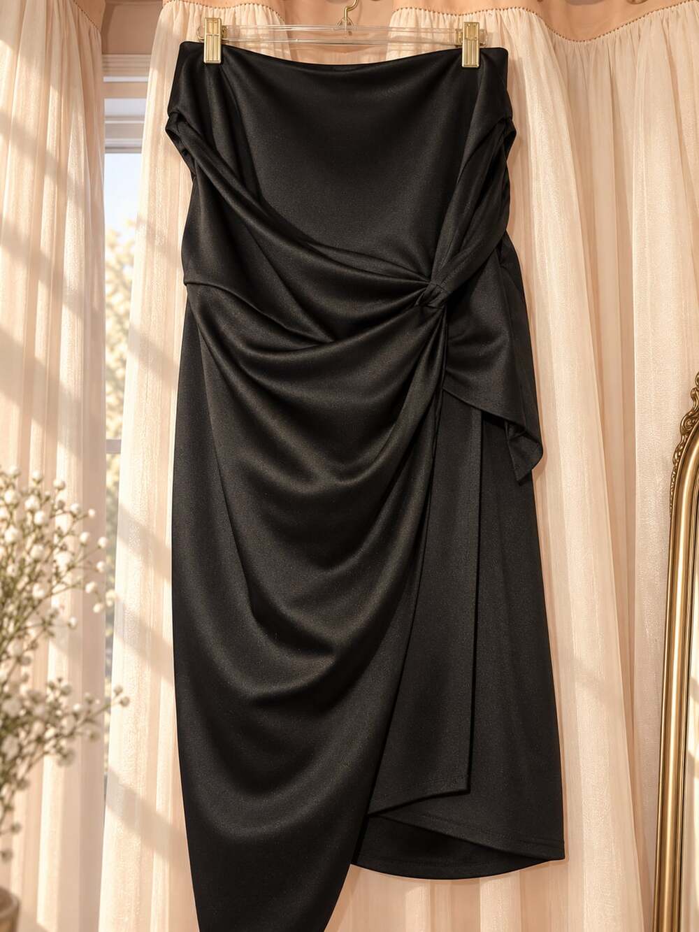 Black Satin Draped Knot Waist Midi Dress Size 3XL